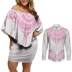 New Zealand Manta Ray Tattoo Couples Matching Off Shoulder Short Dress and Long Sleeve Button Shirt Aotearoa Maori Haehae Pink
