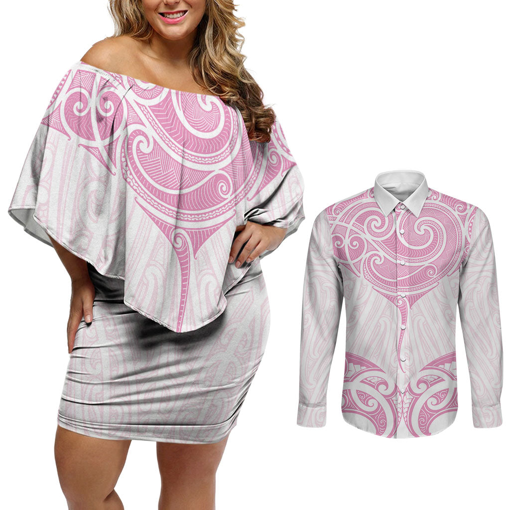 New Zealand Manta Ray Tattoo Couples Matching Off Shoulder Short Dress and Long Sleeve Button Shirt Aotearoa Maori Haehae Pink