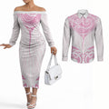New Zealand Manta Ray Tattoo Couples Matching Off The Shoulder Long Sleeve Dress and Long Sleeve Button Shirt Aotearoa Maori Haehae Pink