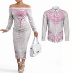 New Zealand Manta Ray Tattoo Couples Matching Off The Shoulder Long Sleeve Dress and Long Sleeve Button Shirt Aotearoa Maori Haehae Pink