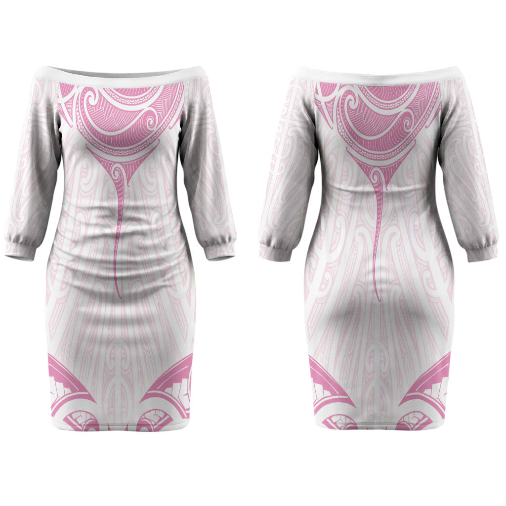 New Zealand Manta Ray Tattoo Couples Matching Off The Shoulder Long Sleeve Dress and Long Sleeve Button Shirt Aotearoa Maori Haehae Pink