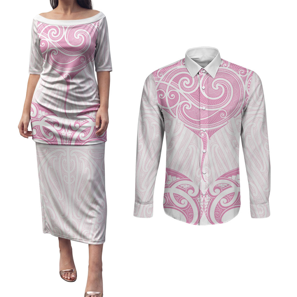 New Zealand Manta Ray Tattoo Couples Matching Puletasi and Long Sleeve Button Shirt Aotearoa Maori Haehae Pink
