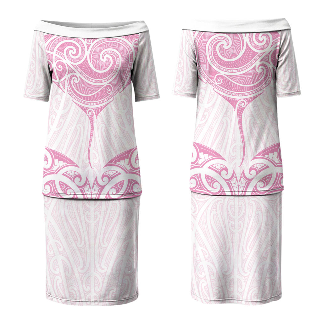 New Zealand Manta Ray Tattoo Couples Matching Puletasi and Long Sleeve Button Shirt Aotearoa Maori Haehae Pink