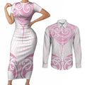 New Zealand Manta Ray Tattoo Couples Matching Short Sleeve Bodycon Dress and Long Sleeve Button Shirt Aotearoa Maori Haehae Pink