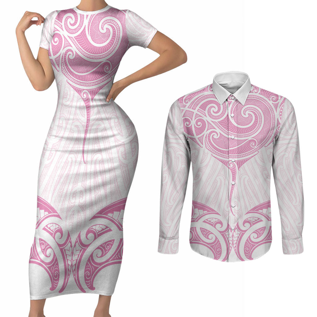 New Zealand Manta Ray Tattoo Couples Matching Short Sleeve Bodycon Dress and Long Sleeve Button Shirt Aotearoa Maori Haehae Pink