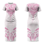 New Zealand Manta Ray Tattoo Couples Matching Short Sleeve Bodycon Dress and Long Sleeve Button Shirt Aotearoa Maori Haehae Pink