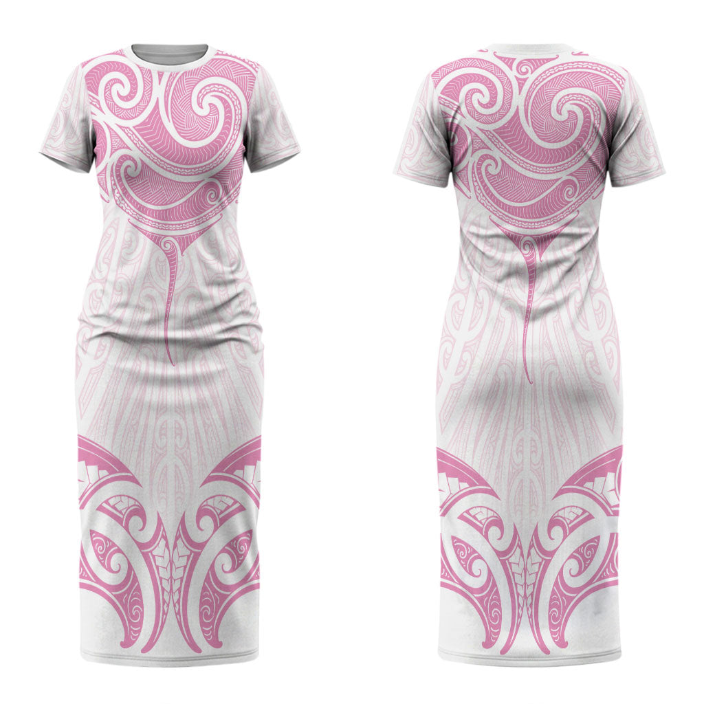 New Zealand Manta Ray Tattoo Couples Matching Short Sleeve Bodycon Dress and Long Sleeve Button Shirt Aotearoa Maori Haehae Pink
