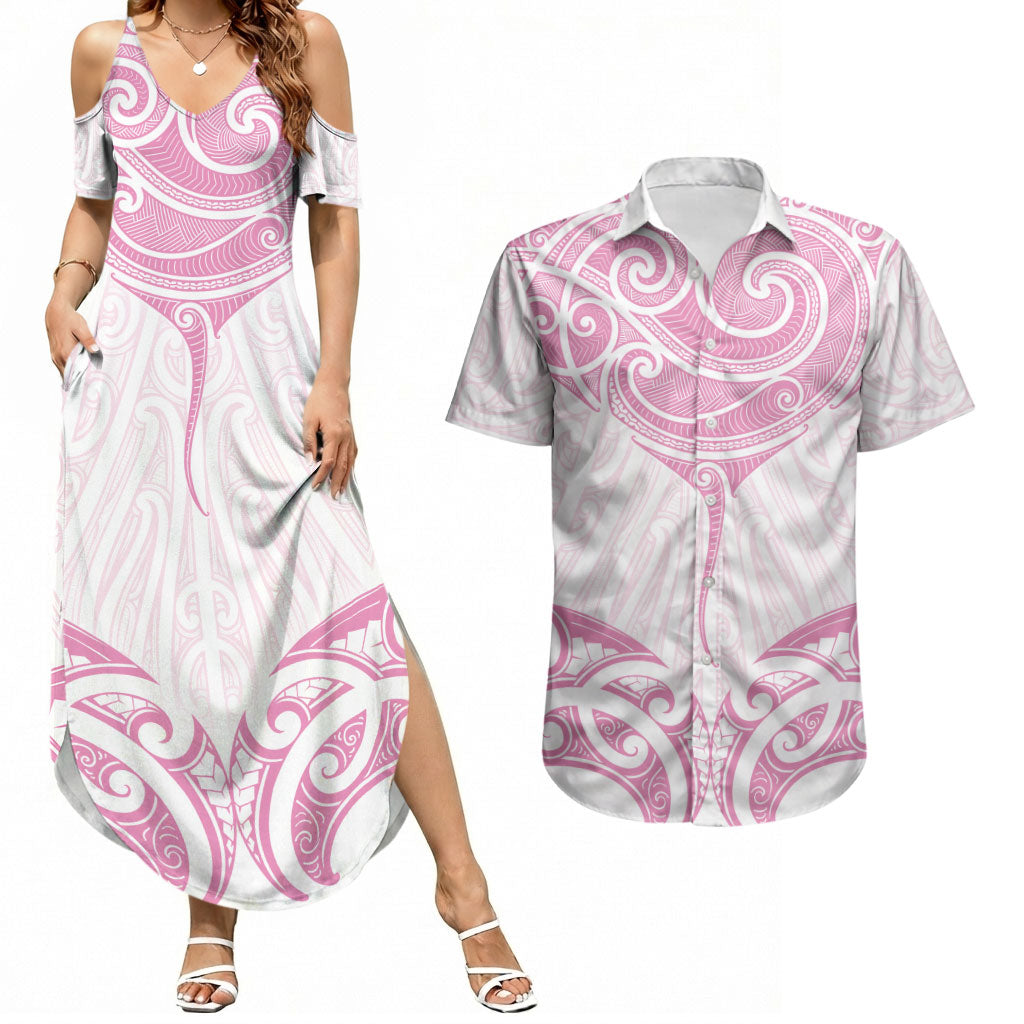 New Zealand Manta Ray Tattoo Couples Matching Summer Maxi Dress and Hawaiian Shirt Aotearoa Maori Haehae Pink