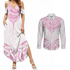 New Zealand Manta Ray Tattoo Couples Matching Summer Maxi Dress and Long Sleeve Button Shirt Aotearoa Maori Haehae Pink
