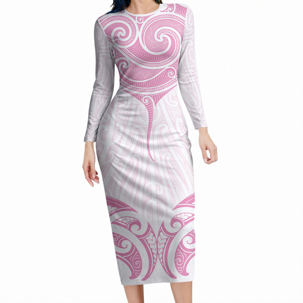 New Zealand Manta Ray Tattoo Long Sleeve Bodycon Dress Aotearoa Maori Haehae Pink