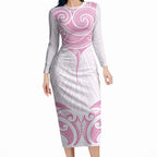 New Zealand Manta Ray Tattoo Long Sleeve Bodycon Dress Aotearoa Maori Haehae Pink