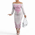 New Zealand Manta Ray Tattoo Off The Shoulder Long Sleeve Dress Aotearoa Maori Haehae Pink