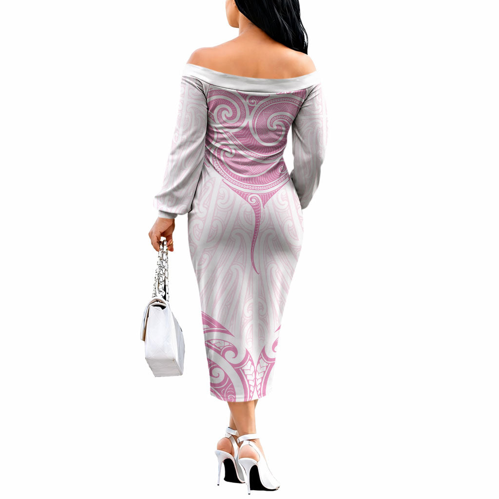New Zealand Manta Ray Tattoo Off The Shoulder Long Sleeve Dress Aotearoa Maori Haehae Pink