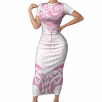 New Zealand Manta Ray Tattoo Short Sleeve Bodycon Dress Aotearoa Maori Haehae Pink