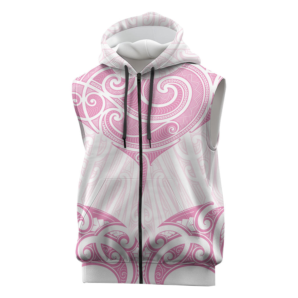 New Zealand Manta Ray Tattoo Sleeveless Zip Hoodie Aotearoa Maori Haehae Pink