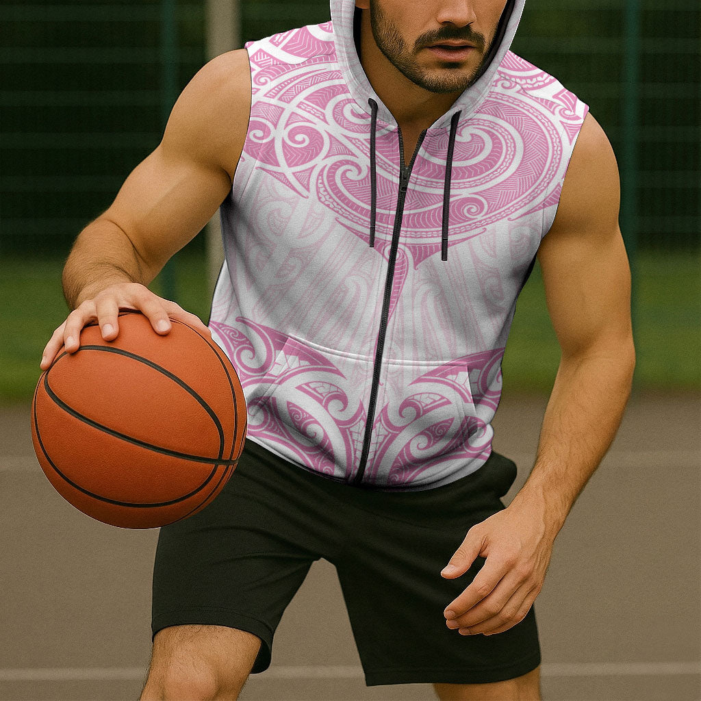 New Zealand Manta Ray Tattoo Sleeveless Zip Hoodie Aotearoa Maori Haehae Pink