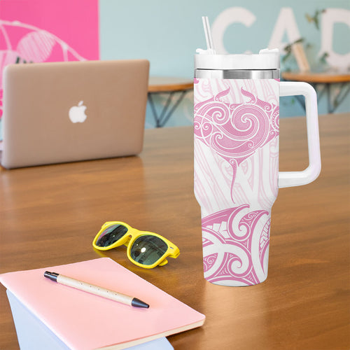 New Zealand Manta Ray Tattoo Tumbler With Handle Aotearoa Maori Haehae Pink