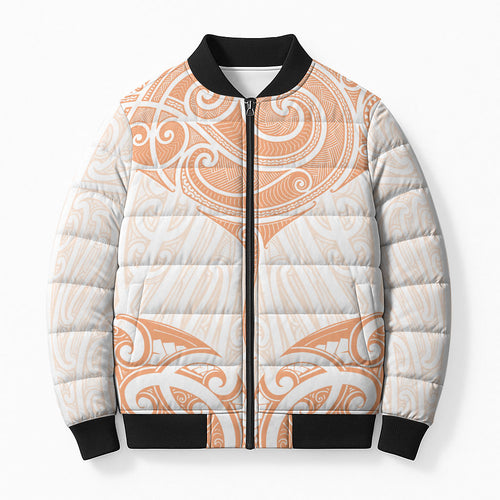 New Zealand Manta Ray Tattoo Bomber Puffer Jacket Aotearoa Maori Haehae Orange