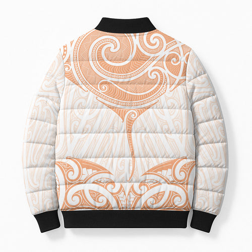 New Zealand Manta Ray Tattoo Bomber Puffer Jacket Aotearoa Maori Haehae Orange