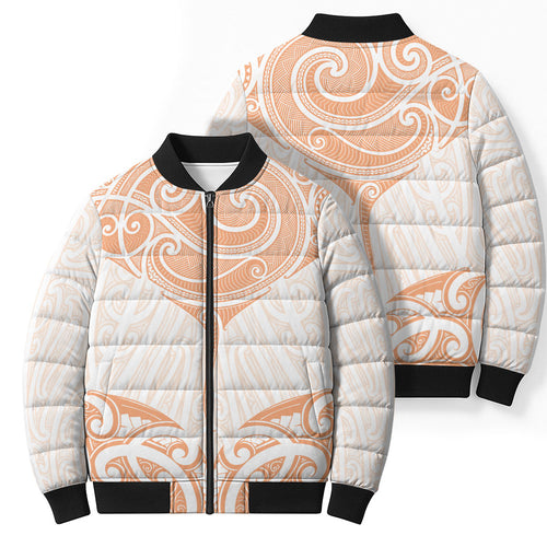 New Zealand Manta Ray Tattoo Bomber Puffer Jacket Aotearoa Maori Haehae Orange