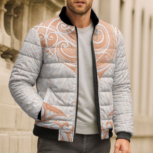 New Zealand Manta Ray Tattoo Bomber Puffer Jacket Aotearoa Maori Haehae Orange