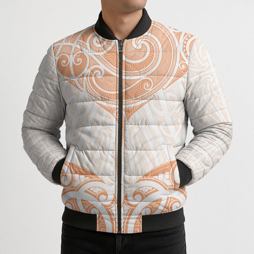 New Zealand Manta Ray Tattoo Bomber Puffer Jacket Aotearoa Maori Haehae Orange