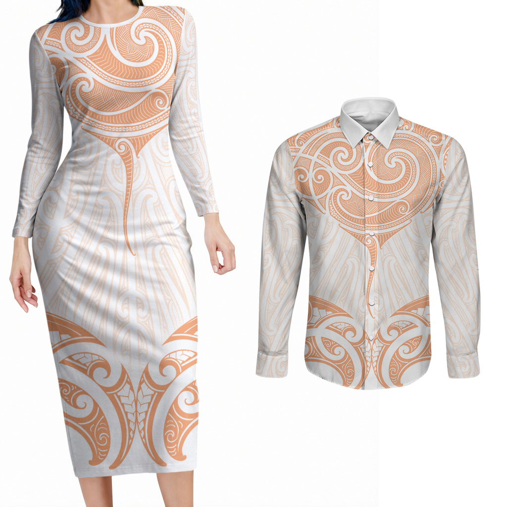 New Zealand Manta Ray Tattoo Couples Matching Long Sleeve Bodycon Dress and Long Sleeve Button Shirt Aotearoa Maori Haehae Orange