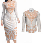 New Zealand Manta Ray Tattoo Couples Matching Long Sleeve Bodycon Dress and Long Sleeve Button Shirt Aotearoa Maori Haehae Orange