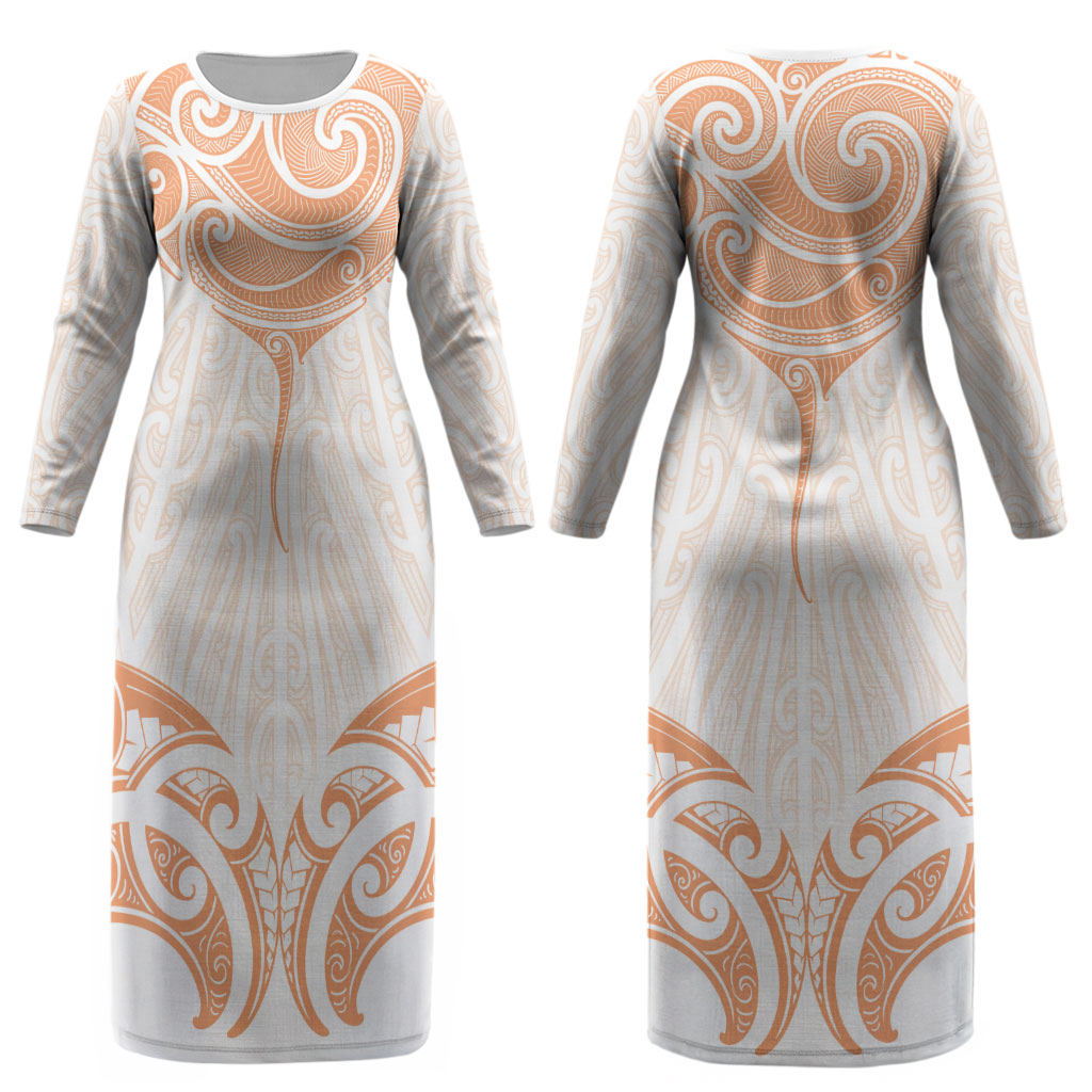 New Zealand Manta Ray Tattoo Couples Matching Long Sleeve Bodycon Dress and Long Sleeve Button Shirt Aotearoa Maori Haehae Orange
