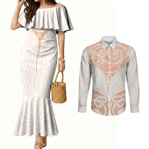 New Zealand Manta Ray Tattoo Couples Matching Mermaid Dress and Long Sleeve Button Shirt Aotearoa Maori Haehae Orange