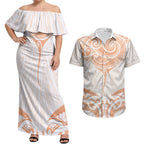 New Zealand Manta Ray Tattoo Couples Matching Off Shoulder Maxi Dress and Hawaiian Shirt Aotearoa Maori Haehae Orange
