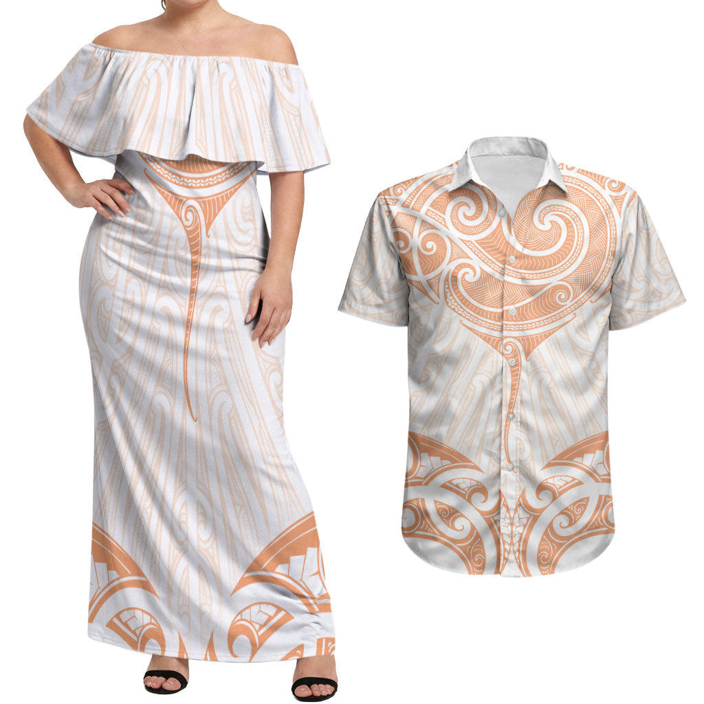 New Zealand Manta Ray Tattoo Couples Matching Off Shoulder Maxi Dress and Hawaiian Shirt Aotearoa Maori Haehae Orange