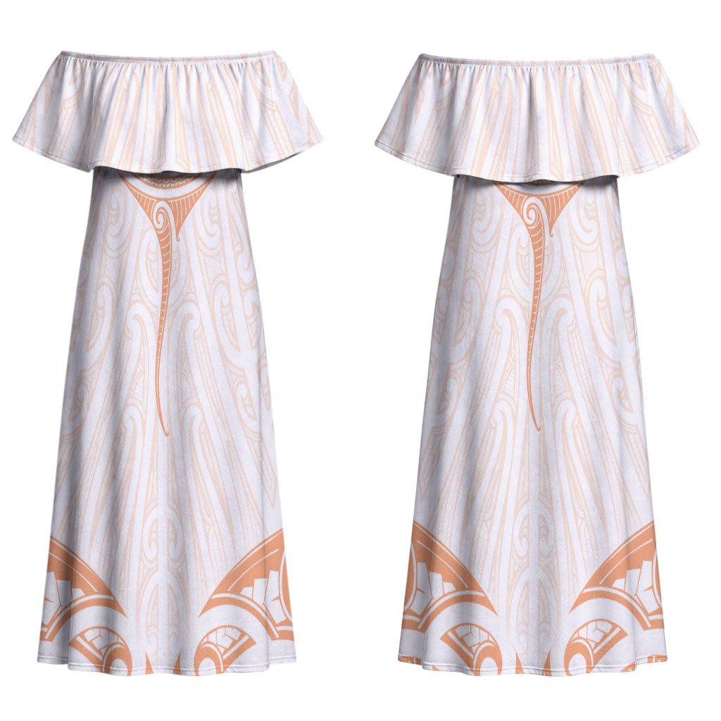 New Zealand Manta Ray Tattoo Couples Matching Off Shoulder Maxi Dress and Hawaiian Shirt Aotearoa Maori Haehae Orange