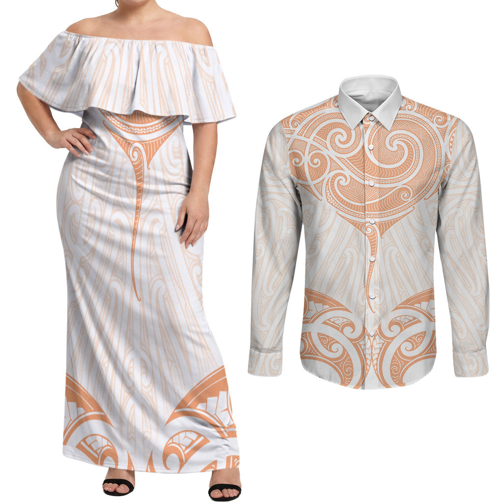 New Zealand Manta Ray Tattoo Couples Matching Off Shoulder Maxi Dress and Long Sleeve Button Shirt Aotearoa Maori Haehae Orange