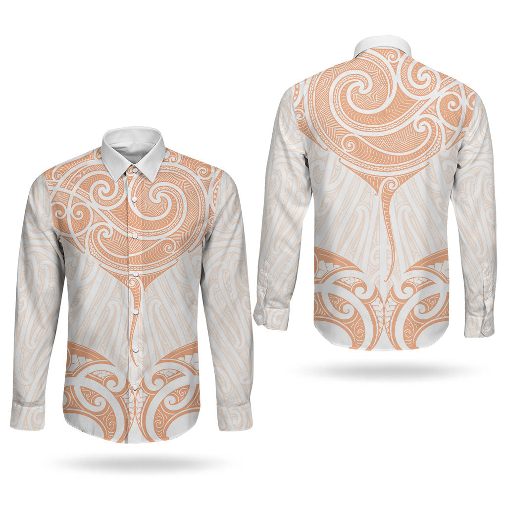 New Zealand Manta Ray Tattoo Couples Matching Off Shoulder Maxi Dress and Long Sleeve Button Shirt Aotearoa Maori Haehae Orange