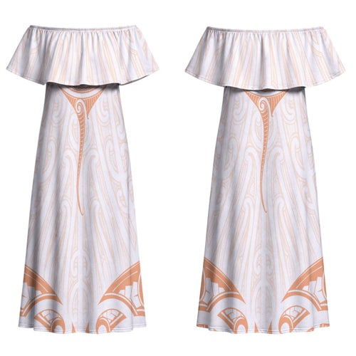 New Zealand Manta Ray Tattoo Couples Matching Off Shoulder Maxi Dress and Long Sleeve Button Shirt Aotearoa Maori Haehae Orange