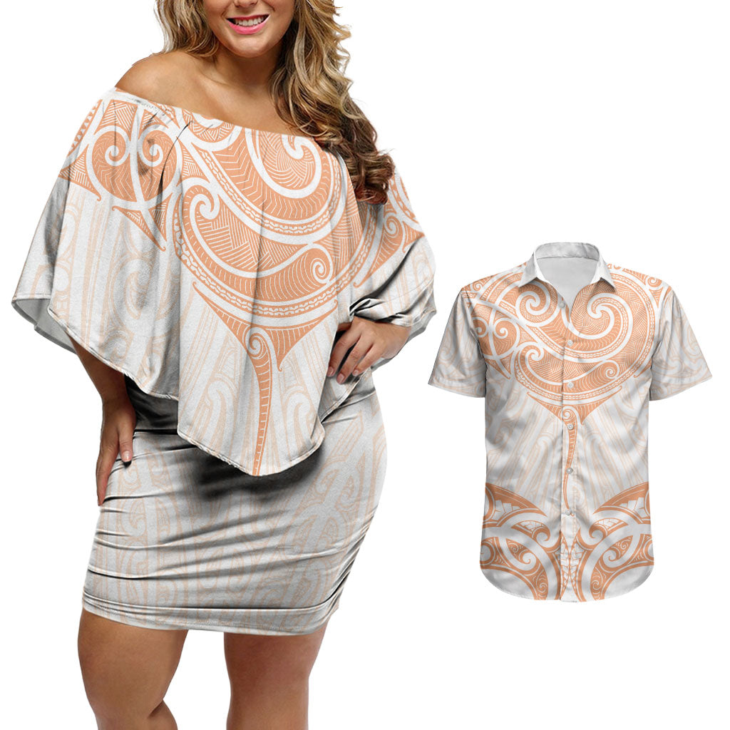 New Zealand Manta Ray Tattoo Couples Matching Off Shoulder Short Dress and Hawaiian Shirt Aotearoa Maori Haehae Orange