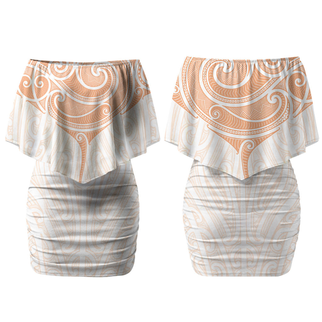 New Zealand Manta Ray Tattoo Couples Matching Off Shoulder Short Dress and Hawaiian Shirt Aotearoa Maori Haehae Orange