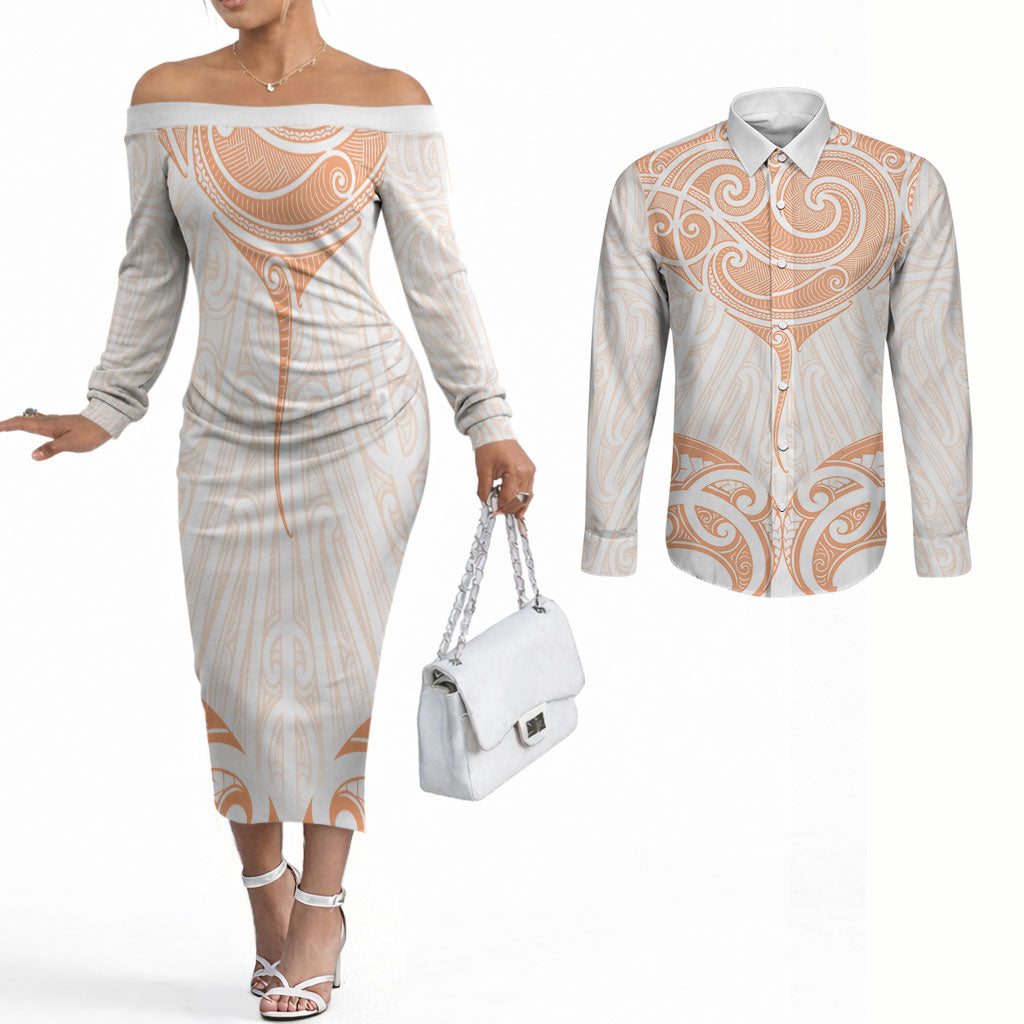 New Zealand Manta Ray Tattoo Couples Matching Off The Shoulder Long Sleeve Dress and Long Sleeve Button Shirt Aotearoa Maori Haehae Orange