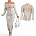New Zealand Manta Ray Tattoo Couples Matching Off The Shoulder Long Sleeve Dress and Long Sleeve Button Shirt Aotearoa Maori Haehae Orange