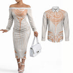 New Zealand Manta Ray Tattoo Couples Matching Off The Shoulder Long Sleeve Dress and Long Sleeve Button Shirt Aotearoa Maori Haehae Orange