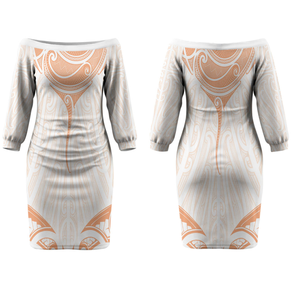 New Zealand Manta Ray Tattoo Couples Matching Off The Shoulder Long Sleeve Dress and Long Sleeve Button Shirt Aotearoa Maori Haehae Orange