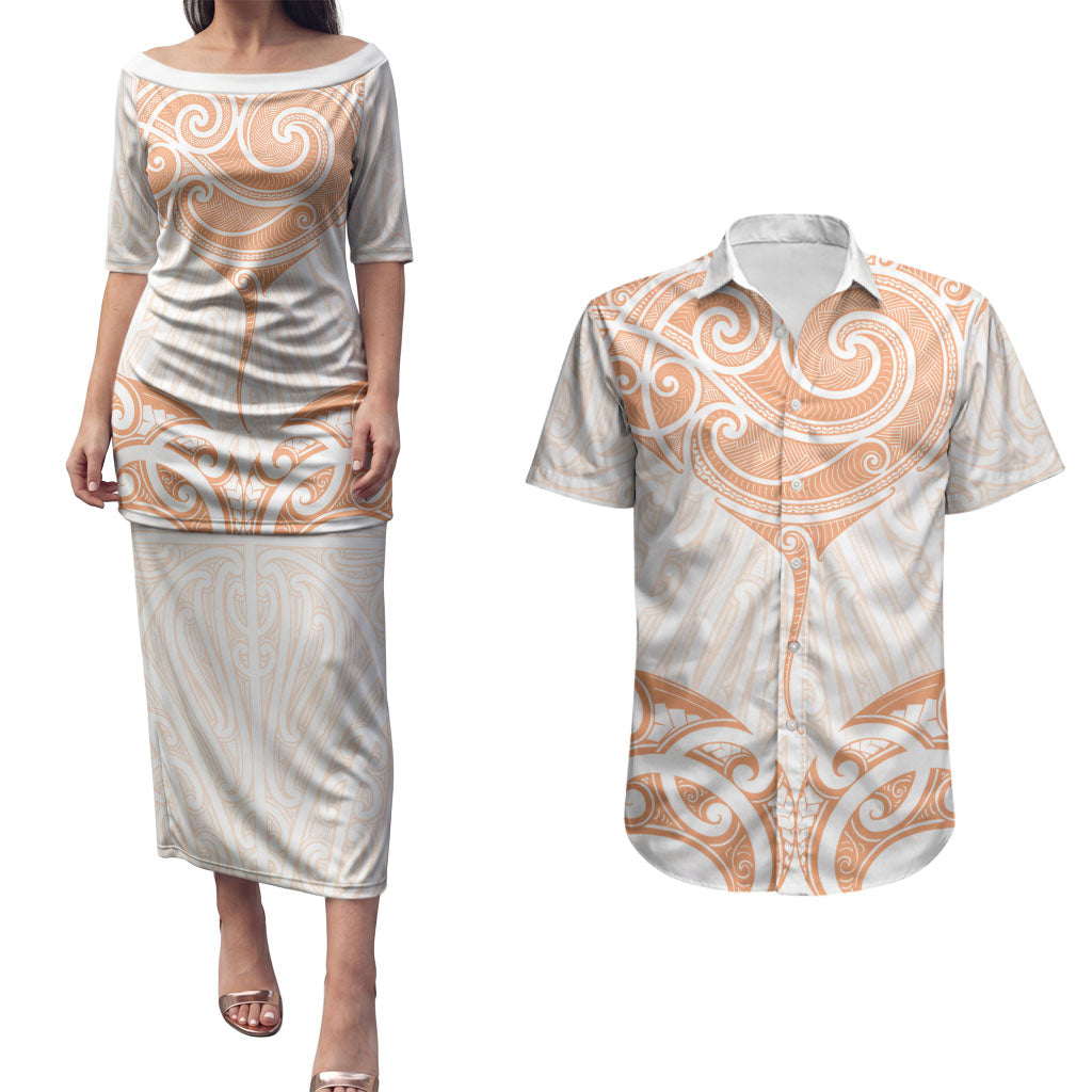 New Zealand Manta Ray Tattoo Couples Matching Puletasi and Hawaiian Shirt Aotearoa Maori Haehae Orange