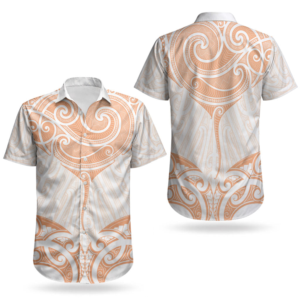 New Zealand Manta Ray Tattoo Couples Matching Puletasi and Hawaiian Shirt Aotearoa Maori Haehae Orange