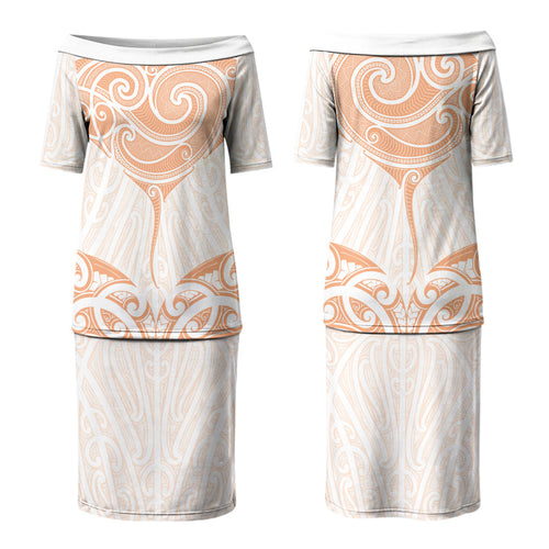 New Zealand Manta Ray Tattoo Couples Matching Puletasi and Hawaiian Shirt Aotearoa Maori Haehae Orange