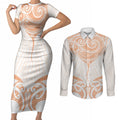New Zealand Manta Ray Tattoo Couples Matching Short Sleeve Bodycon Dress and Long Sleeve Button Shirt Aotearoa Maori Haehae Orange