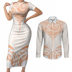 New Zealand Manta Ray Tattoo Couples Matching Short Sleeve Bodycon Dress and Long Sleeve Button Shirt Aotearoa Maori Haehae Orange