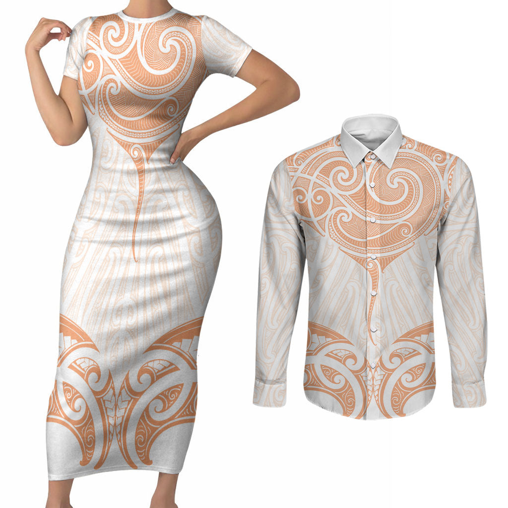 New Zealand Manta Ray Tattoo Couples Matching Short Sleeve Bodycon Dress and Long Sleeve Button Shirt Aotearoa Maori Haehae Orange