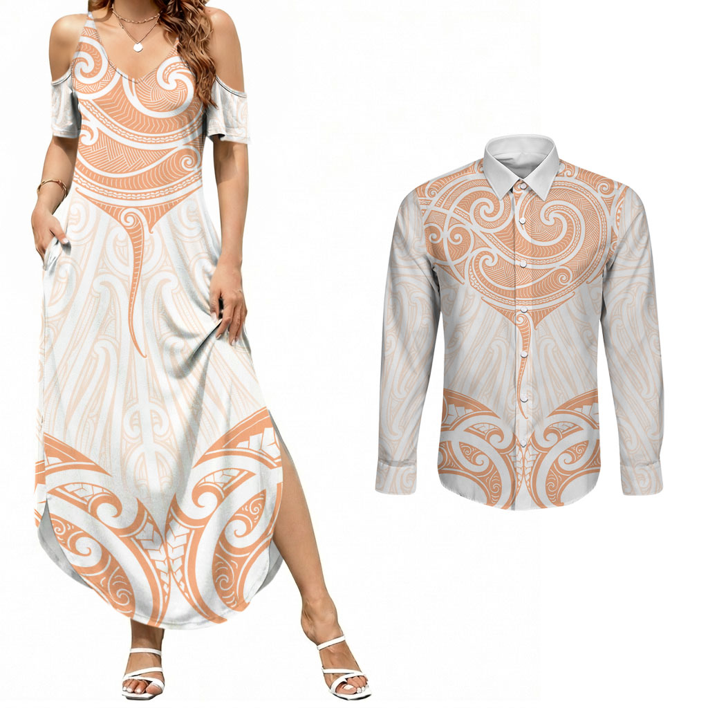 New Zealand Manta Ray Tattoo Couples Matching Summer Maxi Dress and Long Sleeve Button Shirt Aotearoa Maori Haehae Orange