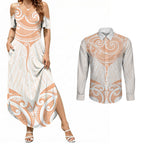 New Zealand Manta Ray Tattoo Couples Matching Summer Maxi Dress and Long Sleeve Button Shirt Aotearoa Maori Haehae Orange